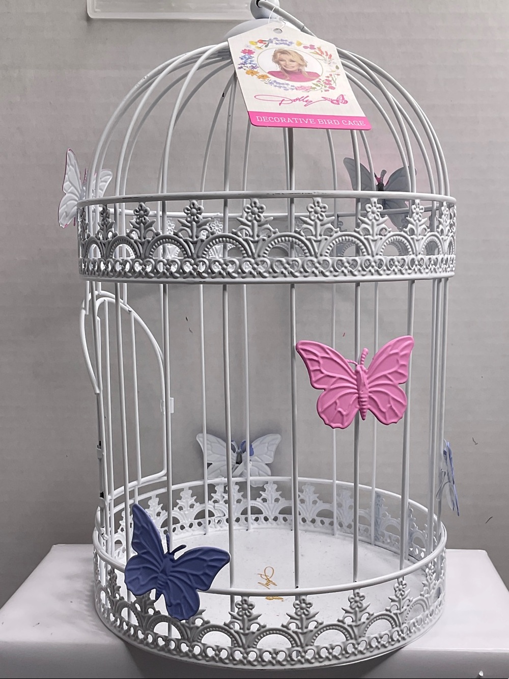 Dolly Parton Decorative Butterfly Bird Cage - White with Pink & Blue Accents